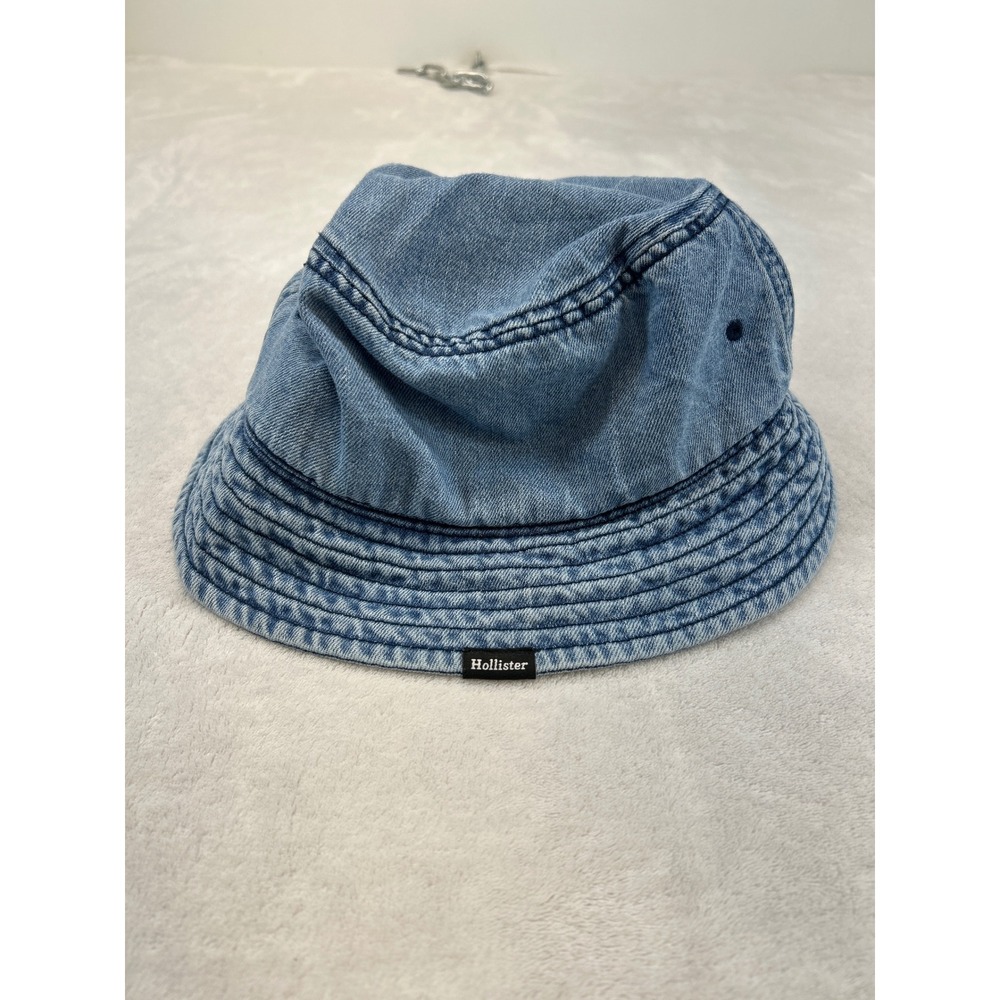 Hollister Bucket Hat Women OS Blue Denim Washed Casual Stitched Brim Y2K Retro